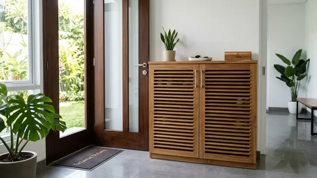 Model Rak Sepatu Berventilasi di Area Pintu Masuk Rumah (AI Generated)