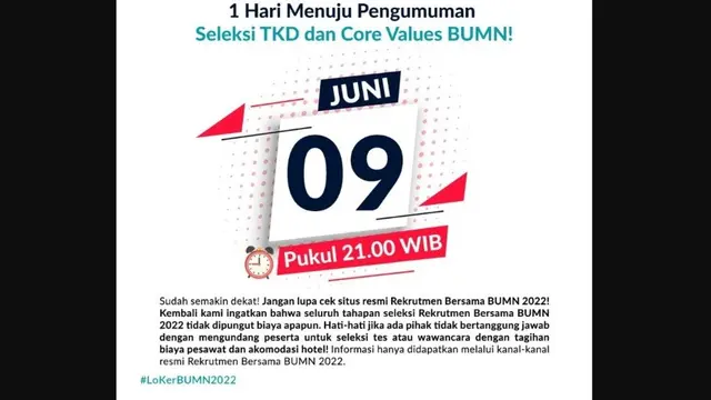 Hasil pengumuman Rekrutmen Bersama BUMN 2022 untuk tes kemampuan dasar (TKD) dan core values BUMN segera keluar.