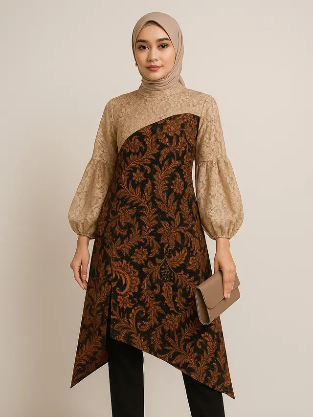 Model Tunik Batik Kombinasi Brokat Lengan Bishop