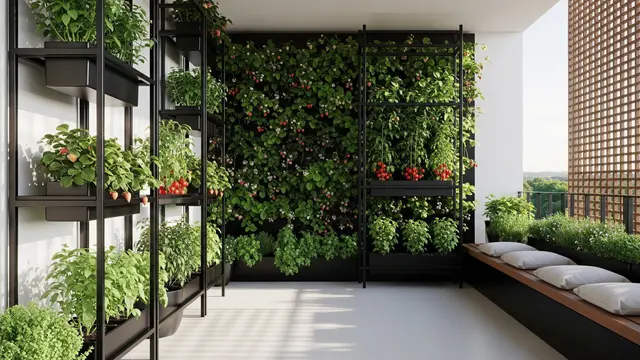 Desain Teras Semi Terbuka dengan Kebun Vertikal Tanaman Buah Kecil/Gemini AI