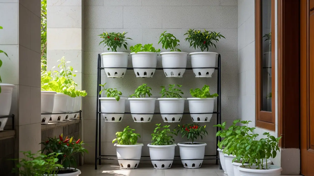 9 Ide Kebun Sayur Minimalis di Teras Sempit dengan Pot Plastik Bertingkat, Solusi Urban Asri