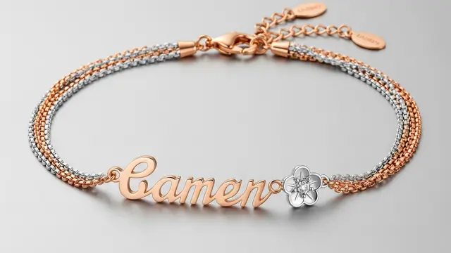 Gelang Rantai Kombinasi Rose Gold dan Emas Putih dengan Charm Nama dan Bunga