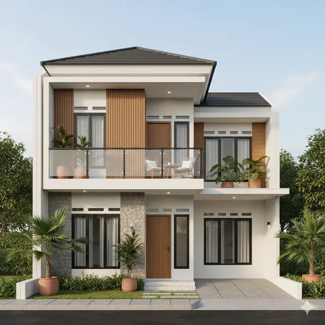 Model Rumah 6x12 Atap Datar dengan Balkon Atas