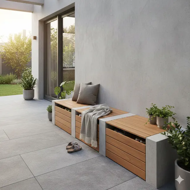 Desain Teras dengan Tempat Duduk Cor Menyatu Dinding (Foto: Gemini AI)