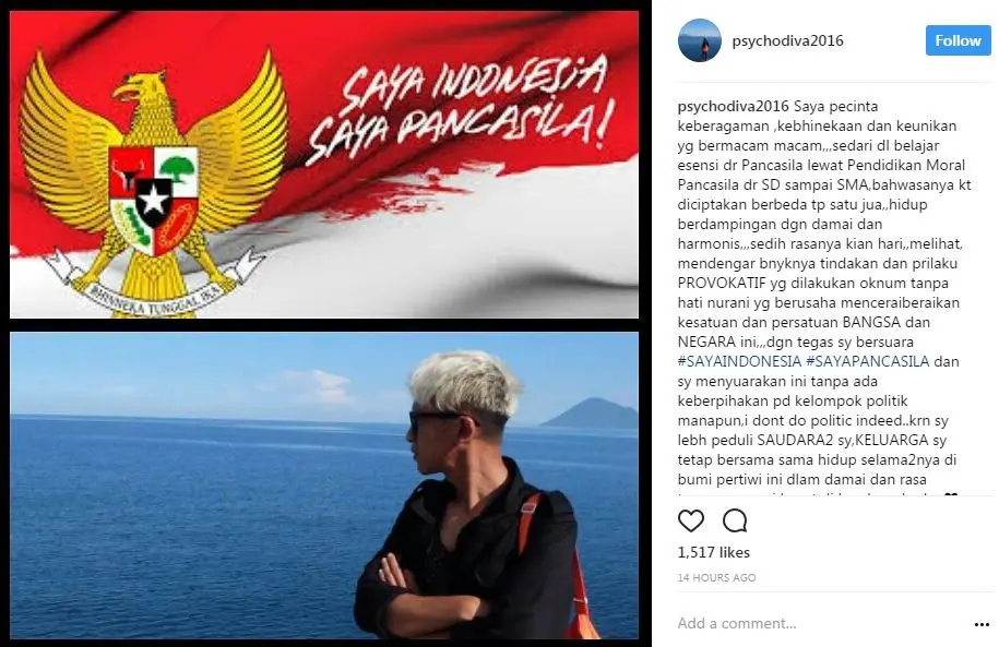 Aming mengunggah foto dan gambar yang bertuliskan Saya Indonesia Saya Pancasila (Instagram/@psychodiva2016)