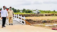 Presiden Joko Widodo dan Menhan Prabowo Subianto meninjau lahan yang akan dijadikan atau lumbung pangan baru di Pulang Pisau, Kalimantan Tengah, Kamis (9/7/2020). Pemerintah menyiapkan lumbung pangan nasional untuk mengantisipasi krisis pangan dunia. (Foto:Biro Pers Sekretariat Presiden)