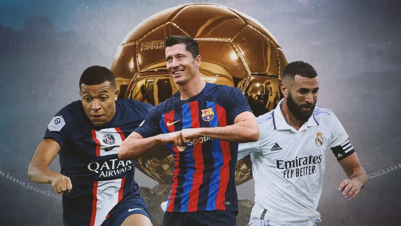 Ilustrasi - Robert Lewandowski, Karim Benzema, Kylian Mbappe background ilustrasi Ballon d'or
