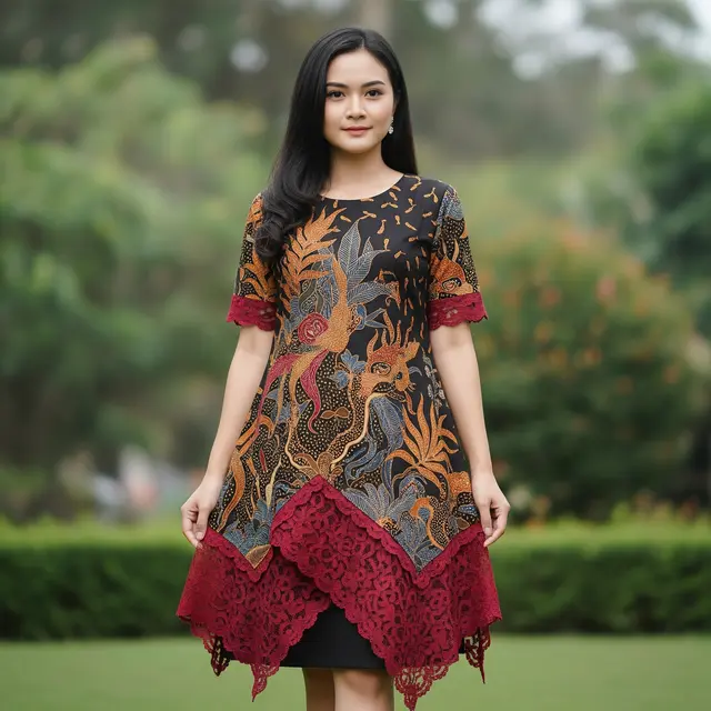 9 Dress Batik Kombinasi Brokat Asimetris Lengan Pendek, Inovasi Gaya Anggun