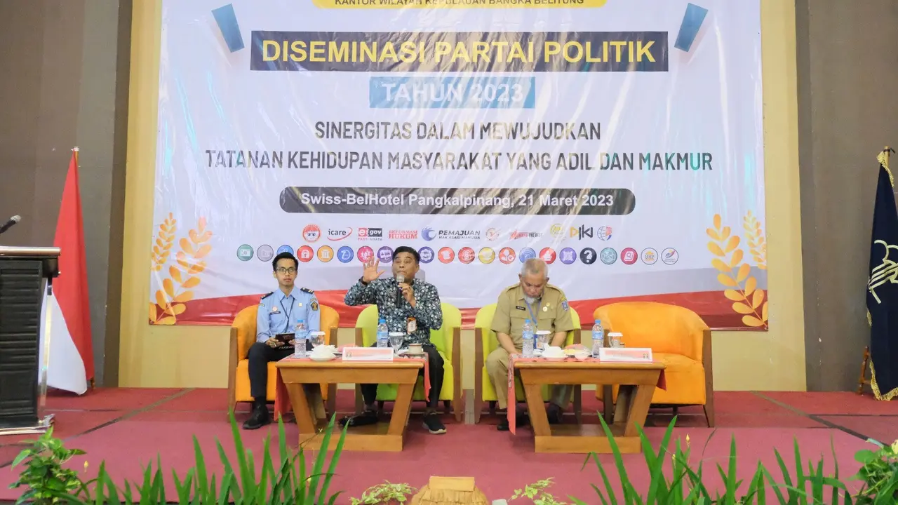 Kantor Wilayah (Kanwil) Kementerian Hukum dan Hak Asasi Manusia (Kemenkumham) Kepulauan Bangka Belitung menggelar penyebarluasan informasi atau diseminasi terhadap partai politik (parpol)