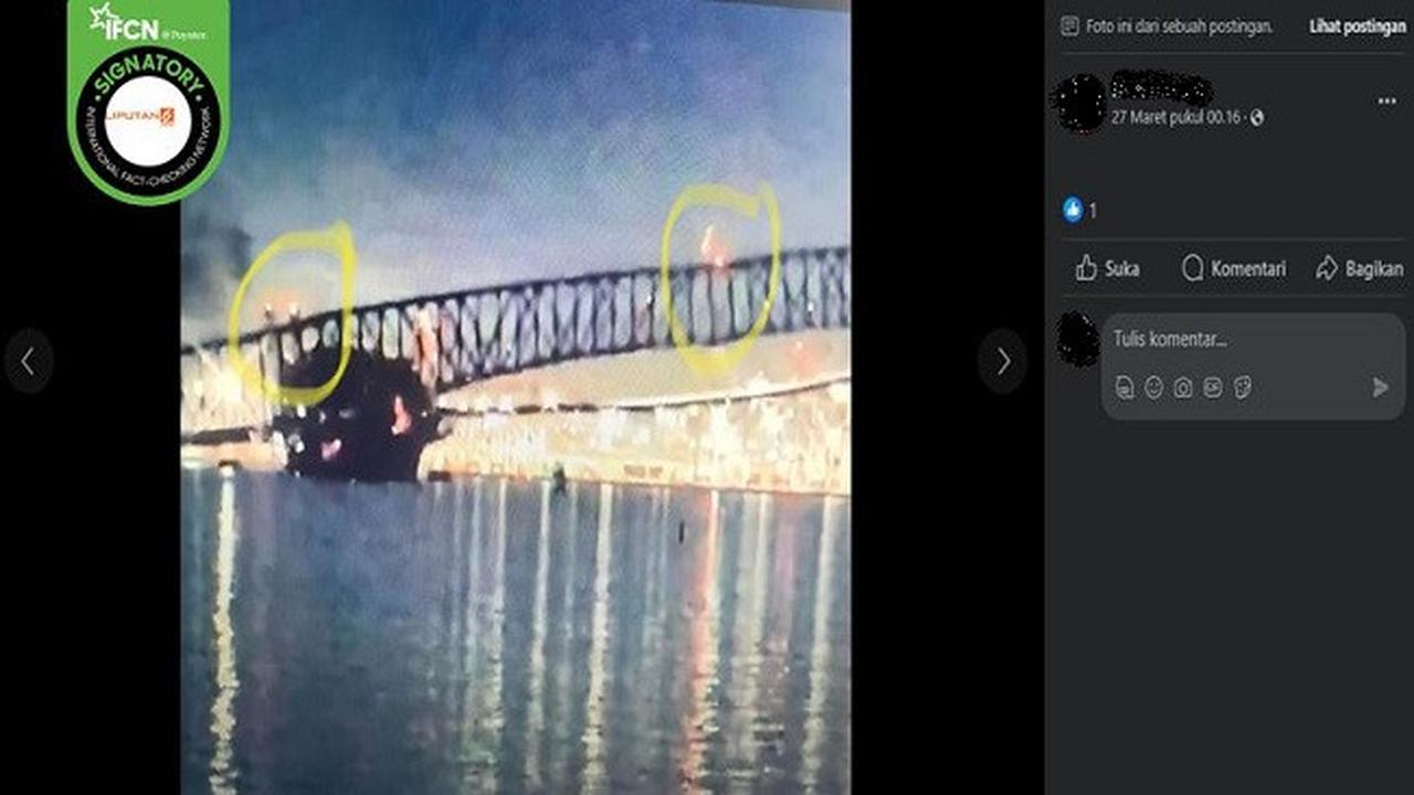 Gambar tangkapan layar klaim Jembatan Francis Scott Key di Baltimore, Amerika Serikat ambruk karena ledakan dinamit. (Sumber: Facebook)