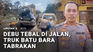 Gara-gara terhalang debu di jalan, truk pengangkut batu bara di Musi Rawas Utara, Sumatra Selatan, menabrak bagian belakang truk lainnya. Seorang sopir truk tewas karena dalam kondisi terjepit.