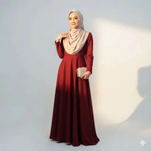 Gamis Maroon A-Line + Pashmina Satin Nude