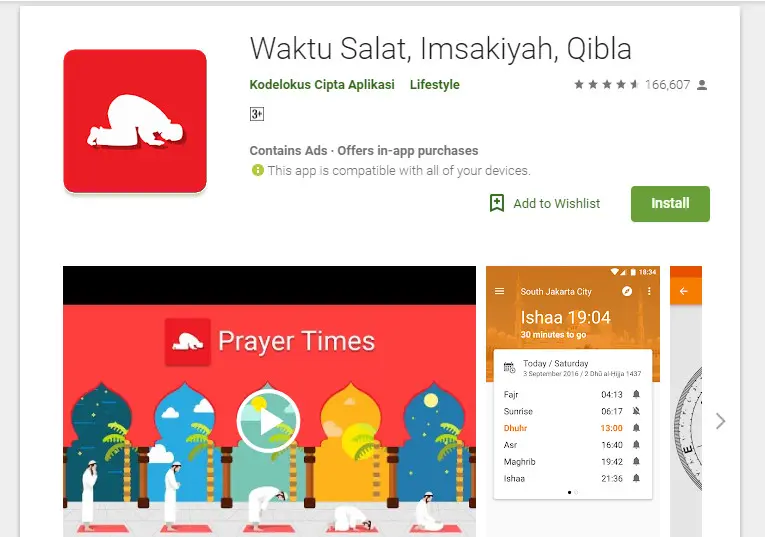 Aplikasi Waktu Shalat, Imsak, dan Kiblat (Sumber: Google Play)