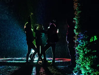 Siluet Sejumlah pengunjung saat berada di dekat seni instalasi cahaya "Painting the Night" karya seniman Austria Victoria Coeln saat hujan turun di taman Heruerhae Gaerten di Hanover, Jerman utara, (4/5). (AFP Photo/dpa/Silas Stein/Jerman Out)