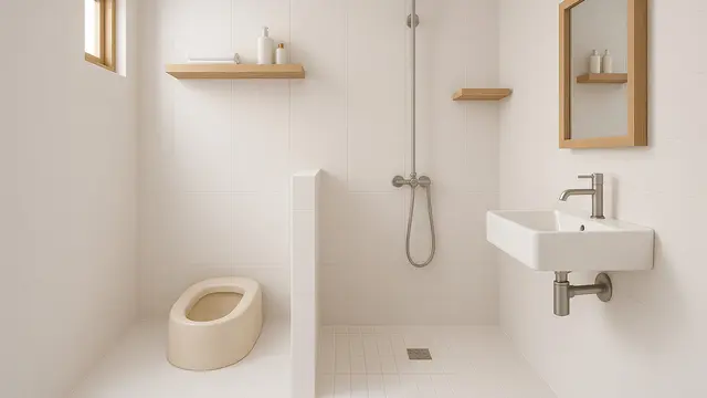 Desain Kamar Mandi 1,5 x 1,5 Meter Kloset Jongkok Gaya Jepang Minimalis/Ilustrasi AI
