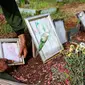 Sardi, pengurus makam merapikan pigura Vanessa Angel dan Bibi Ardiansyah di TPU Taman Makam Islam Malaka Blok D, Pesanggrahan, Jakarta, Senin (7/02/2022). Pihak Doddy Sudrajat diketahui sudah mengurus perizinan untuk memindahkan makam Vanessa Angel ke TPU Karet Bivak. (Liputan6.com/Fery Pradolo)