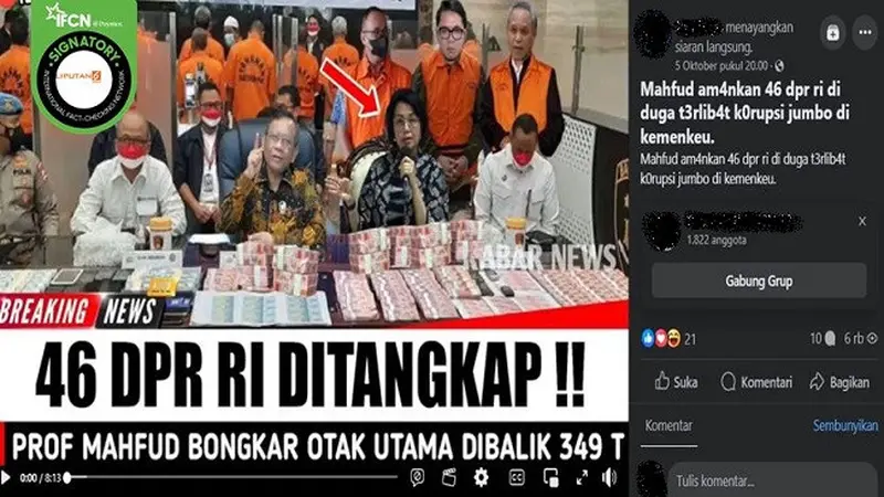 Gambar tangkapan layar video hoaks Mahfud Md mengamankan 46 anggota DPR RI karena terlibat korupsi jumbo di Kemenkeu. (sumber: Facebook)