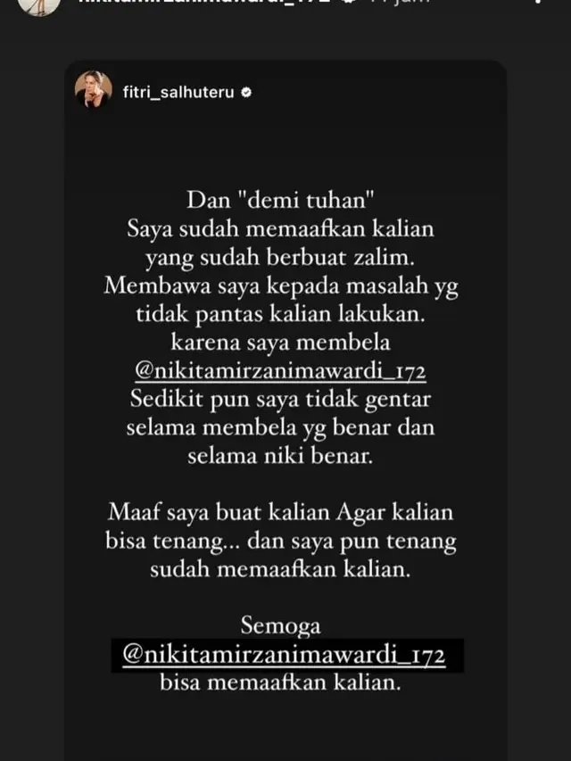 Unggahan Nikita Mirzani. (Foto: Instagram @nikitamirzanimawardi_172)