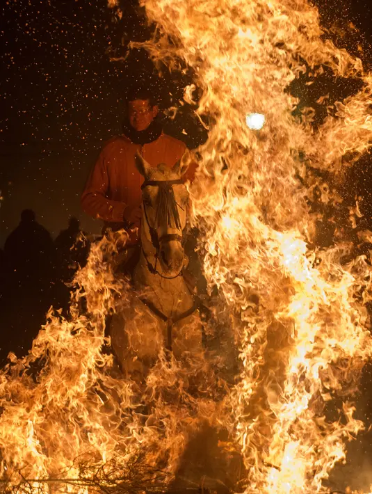 Masyarakat Desa San Bartolomeo de Pinares merayakan Hari Santo Antonius dengan menerobos api sambil kuda, Spanyol, Senin (16/1). Walau ekstrem, tradisi tersebut sudah berlangsung lebih dari 500 tahun yang lalu. (AFP Photo/ PIERRE-PHILIPPE Marcou)