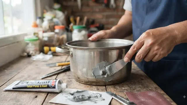 Memperbaiki panci bolong dengan dempul besi
