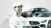 Sean Gelael dengan mobil mewah Mercedes Maybach dan Mercedes AMG GT (Bola.com/Dody Iryawan)