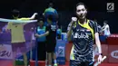 Ganda campuran Indonesia, Gloria Emanuelle Widjaja mengepalkan tangan usai mengalahkan Ricky Karandasuwardi/Debby Susanto pada8 besar Indonesia Open 2018 di Istora GBK, Jakarta, Jumat (6/7). (Liputan6.com/Helmi Fithriansyah)