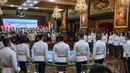 Menteri Pertahanan (Menhan) Sjafrie Sjamsoeddin bersama Panglima TNI Jenderal Agus Subiyanto menerima 44 kadet Universitas Pertahanan (Unhan) asal Palestina di Kantor Kementerian Pertahanan, Jakarta, Jumat (26/9/2025) sore. (BAY ISMOYO/AFP)