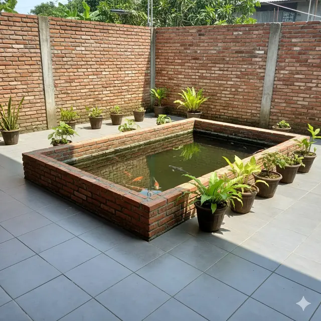 Kolam Persegi Panjang dengan Dinding Bata Ekspos.