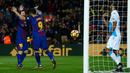 Pemain Barcelona, Lionel Messi merayakan gol rekan setimnya, Luis Suarez ke gawang Deportivo La Coruna pada pertandingan pekan ke-16 La Liga di Stadion Camp Nou, Senin (18/12). Barcelona unggul 4-0 lewat dua gol Suarez.  (AP/Manu Fernandez)