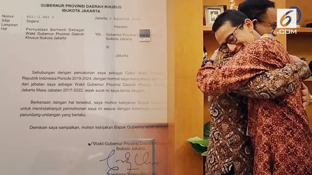 Sandiaga Uno resmi melayangkan surat pengunduran diri sebagai wakil Gubernur DKI karena maju dalam Pilpres 2019 sebagai Cawapres Prabowo Subianto.