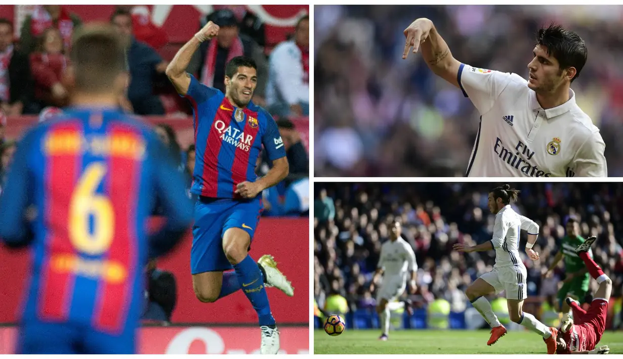 Aksi pencetak gol kemenangan di La Liga pekan ke-11. Lionel Messi, Luis Suarez, dan Gareth Bale menjadi bintang kemenangan. (AFP)