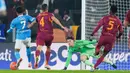 Pemain Napoli, David Neres, mencetak gol ke gawang AS Roma pada laga Liga Italia di Stadio Olimpico, Senin (1/12/2025) dini hari WIB. (AP Photo/Gregorio Borgia)