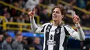 Pemain Juventus, Kenan Yildiz melakukan selebrasi setelah mencetak gol ke gawang AC Milan pada laga semifinal Piala Super Italia 2025 yang berlangsung di Al-Awwal Park, Riyadh, Arab Saudi, Sabtu (04/01/2024) dini hari WIB. (AFP/Fayez Nureldine)