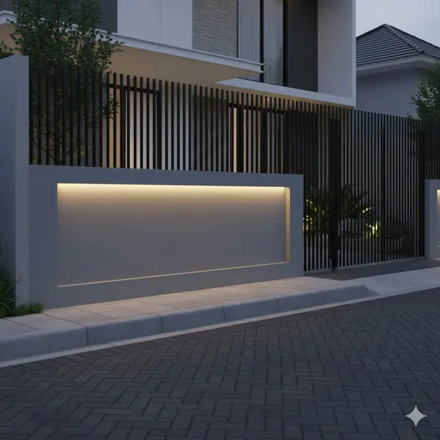 Desain Pagar Rumah dengan Kombinasi Besi dan Tembok. Gemini