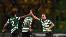 Ekspresi pemain Sporting CP, Bruno Cesar, setelah mencetak gol balasan ke gawang Borussia Dortmund dalam laga Grup F Liga Champions di Stadion Jose Alvalade, Lisbon, Rabu (19/10/2016) dini hari WIB. (AFP/Patricia De Melo Moreira)