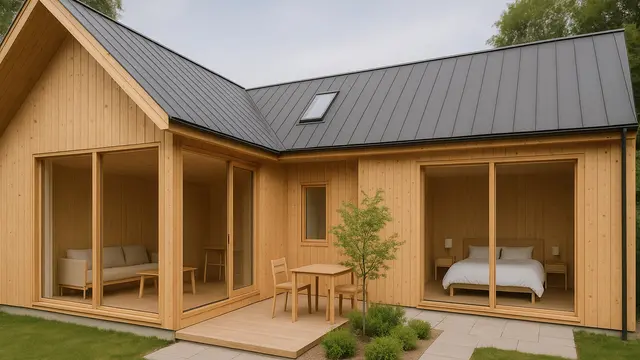 Rumah Kayu Modern Minimalis Leter L dengan Atap Asimetris (Foto: ChatGPT)