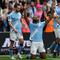 Striker Man City, Antoine Semenyo melakukan selebrasi usai mencetak gol ke gawang Chelsea pada final Piala FA 2025/2026. (Adrian Dennis / AFP)