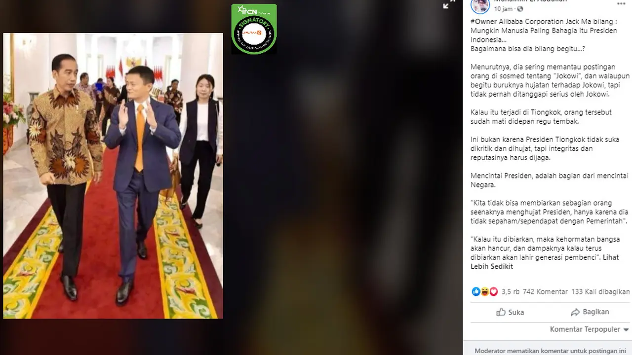 Penelusuran Tulisan Pernyataan Jack Ma tentang Jokowi yang Tidak Menanggapi Serius Hujatan