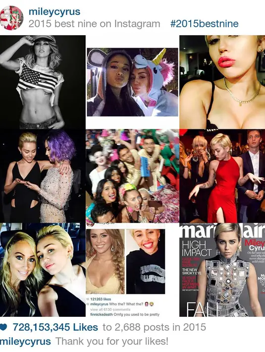 Artis kontroversial Miley Cyrus merupakan salah satu pengguna aktif akun instagram. Nampak sembilan foto terbaiknya menunjukkan momen Miley Cyrus bersama teman-teman. (via 2015bestnine.com)