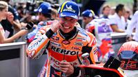 Pembalap Repsol Honda, Marc Marquez, finis ketiga pada sesi kualifikasi MotoGP Malaysia 2022. (AFP/Mohd Rasfan)
