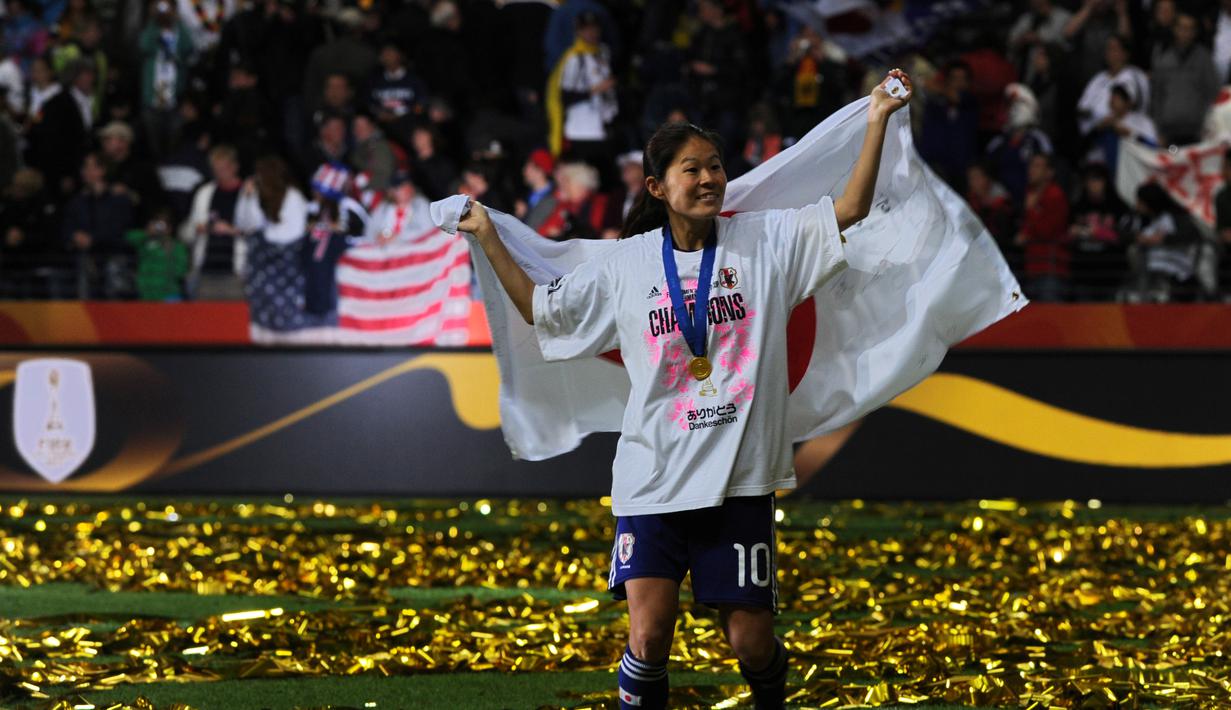 Homare Sawa adalah pemegang rekor dengan enam kali tampil di Piala Dunia Wanita. Sawa sukses membawa Jepang menjadi juara Piala Dunia Wanita 2011 dan terpilih sebagai Pesepakbola Wanita Terbaik Dunia 2011. (AFP/Patrik Stollarz)