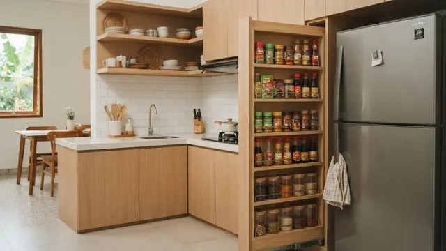 Desain Dapur Kecil dengan Kabinet Tarik di Celah Sempit