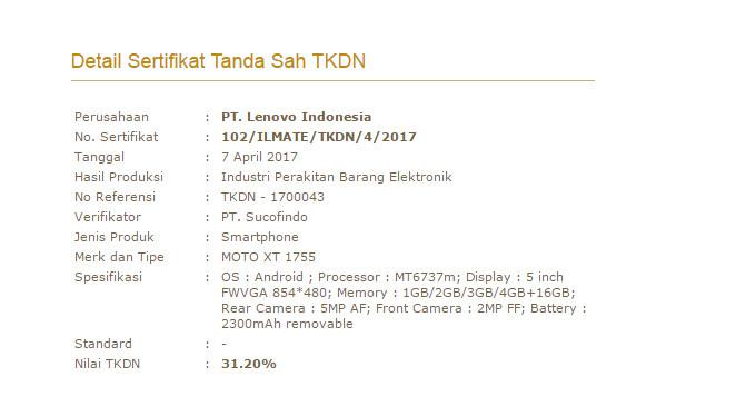 Moto E4 mendapatkan sertifikat TKDN dari Dirjen Ilmate Kemenperin (Sumber: Laman P3DN)