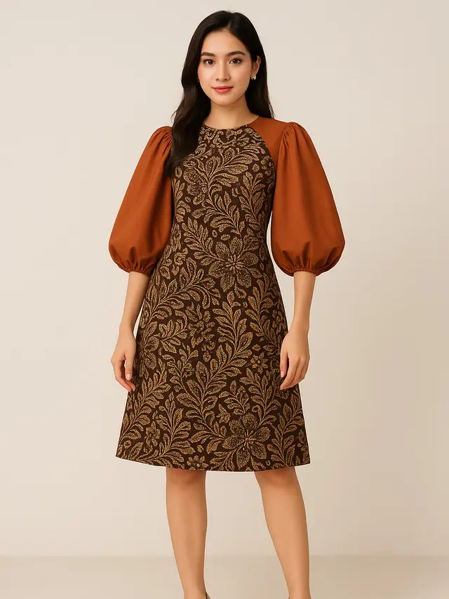 Model Dress Batik Lengan Balon Two Tone Kekinian