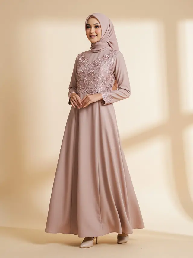 Model Gamis Brokat Dada Simple tapi Mewah