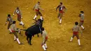 Para anggota Ribatejo Forcados tampak mengelilingi seekor banteng di arena adu banteng Campo Pequeno, Lisbon, Portugal, Kamis (9/7/2015). Tanduk banteng dapat melukai dan membunuh peserta . (REUTERS/Rafael Marchante)