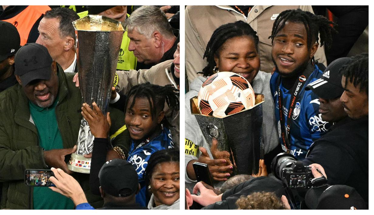Foto kolase pemain Atalanta, Ademola Lookman yang sedang merayakan gelar juara Liga Europa 2023/2024 bersama keluarganya setelah laga final melawan Bayer Leverkusen di Dublin Arena, Irlandia, Kamis (23/05/2024) dini hari WIB. (AFP/Oli Scarff)