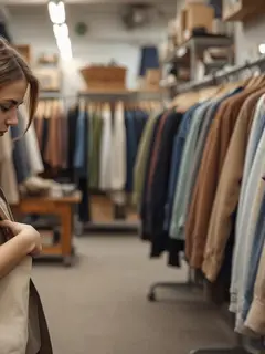 Ilustrasi wanita muda berbelanja di toko barang bekas, dengan hati-hati memeriksa jaket bekas. Membeli baju bekas atau sering disebut thrift bisa menjadi salah satu contoh penerapan hidup frugal Living. (Foto by AI)