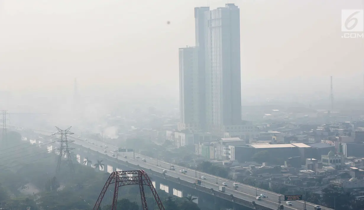 Penampakan polusi udara di langit Jakarta Utara, Senin (29/7/2019). Kualitas udara Jakarta pagi ini berada pada posisi tidak sehat. (Liputan6.com/Faizal Fanani)