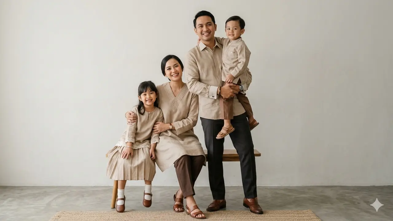 Model Baju Lebaran Keluarga Tema Earth Tone. AI